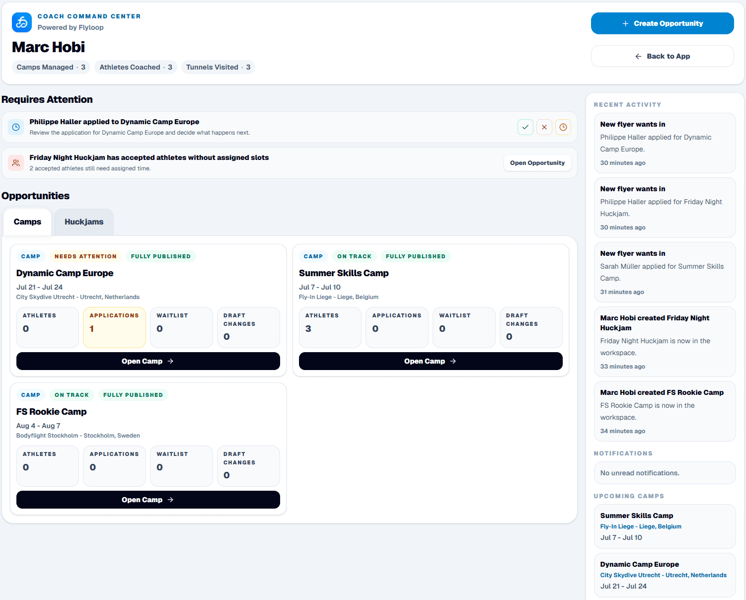 Flyloop coach command center dashboard showing attention items and opportunities